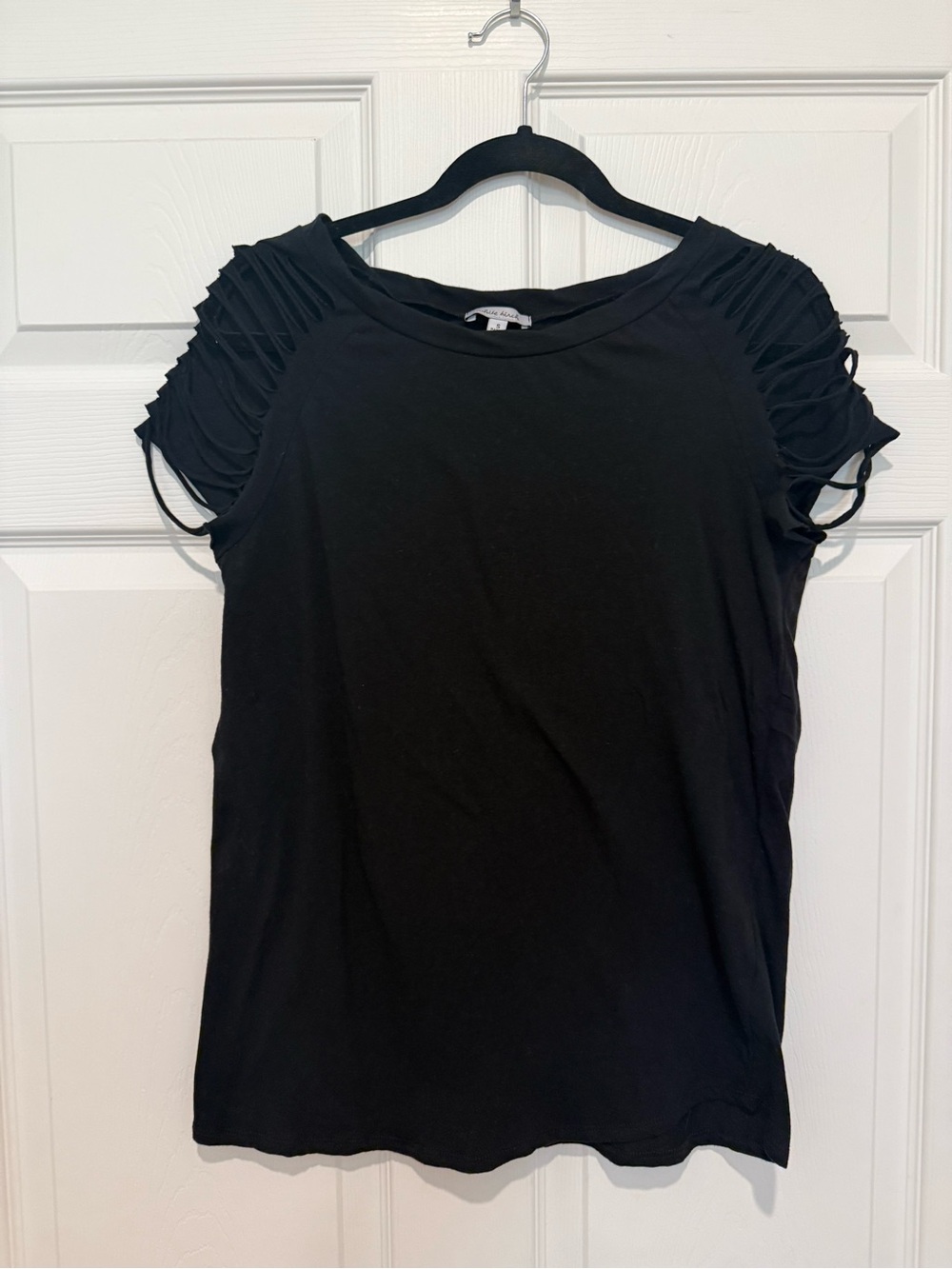 white birch Black Short Sleeve Top with Ladder Cutout Sleeves